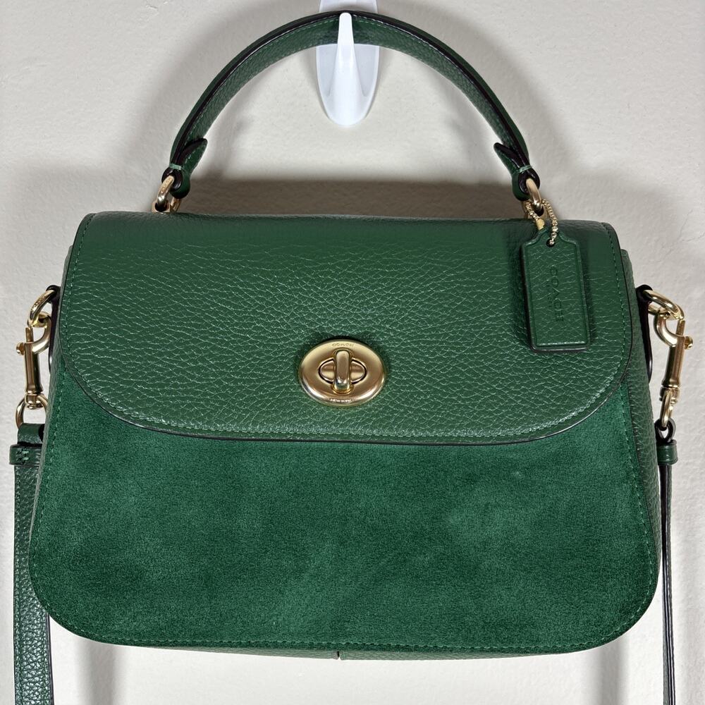 COACH Marlie Top Handle Satchel Bag Green Pebbled Leather & Suede Turn Lock